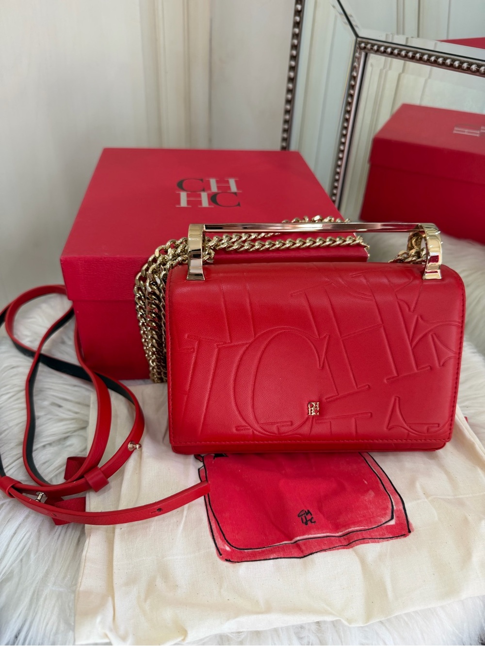 Carolina Herrera Red Embossed Leather Chain Crossbody Bag